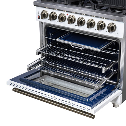 Forno Massimo 36 Inch Freestanding Dual Fuel Range in White with Antique Brass Accessories, 6 Burners, 5.36 cu. ft. Convection Oven