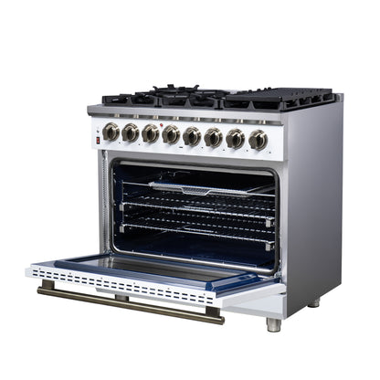 Forno Massimo 36 Inch Freestanding Dual Fuel Range in White with Antique Brass Accessories, 6 Burners, 5.36 cu. ft. Convection Oven
