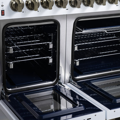 Forno Massimo 48 Inch Freestanding Dual Fuel Range in White with Antique Brass Accessories, 8 Burners, 6.58 cu. ft. Convection Oven