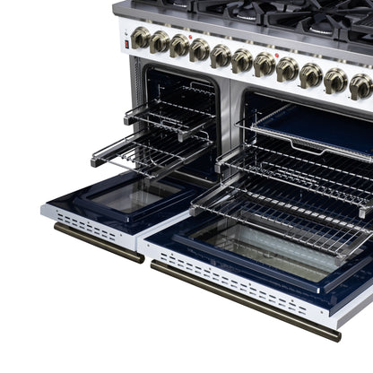 Forno Massimo 48 Inch Freestanding Dual Fuel Range in White with Antique Brass Accessories, 8 Burners, 6.58 cu. ft. Convection Oven