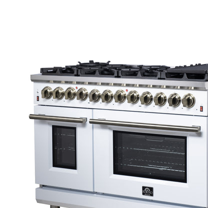 Forno Massimo 48 Inch Freestanding Dual Fuel Range in White with Antique Brass Accessories, 8 Burners, 6.58 cu. ft. Convection Oven