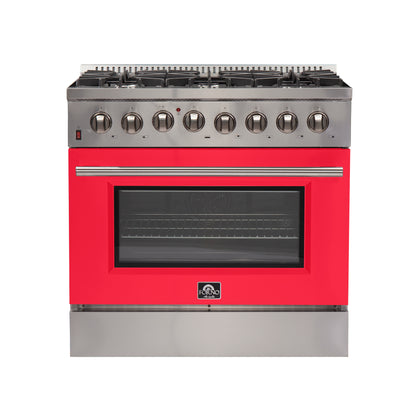 Forno Galiano 36-Inch Freestanding Dual Fuel Range, 6 Burners, Double Convection Ovens, Red Door