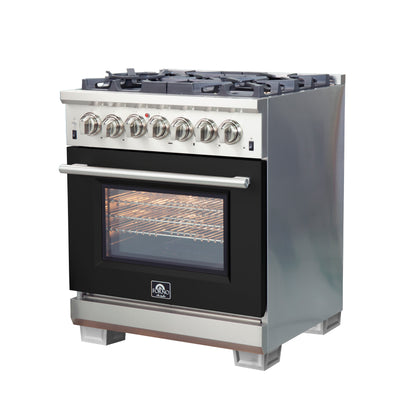 FORNO Capriasca 30-inch Dual Fuel Range Black, 5 Burners, 4.32 cu.ft. True Convection Oven