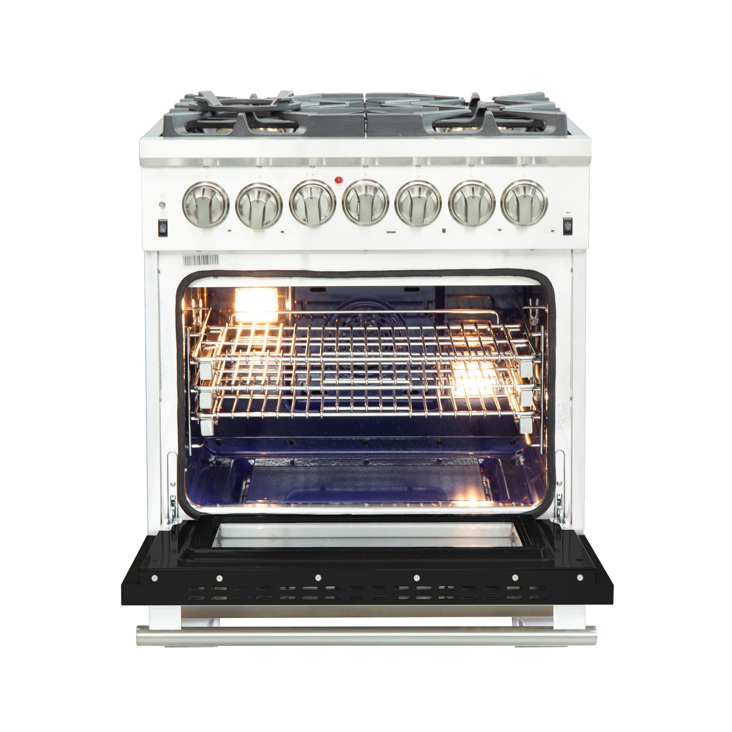 FORNO Capriasca 30-inch Dual Fuel Range Black, 5 Burners, 4.32 cu.ft. True Convection Oven