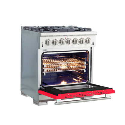 Forno Capriasca 30-Inch Freestanding Dual Fuel Range, 4 Burners, True Convection Oven, Red Door
