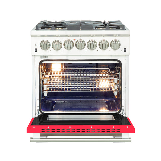 Forno Capriasca 30-Inch Freestanding Dual Fuel Range, 4 Burners, True Convection Oven, Red Door