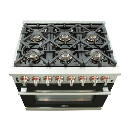 Forno Capriasca 36-Inch Freestanding Dual Fuel Range, 6 Burners, True Convection Oven, Black Door