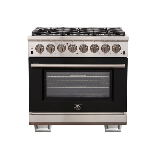 Forno Capriasca 36-Inch Freestanding Dual Fuel Range, 6 Burners, True Convection Oven, Black Door