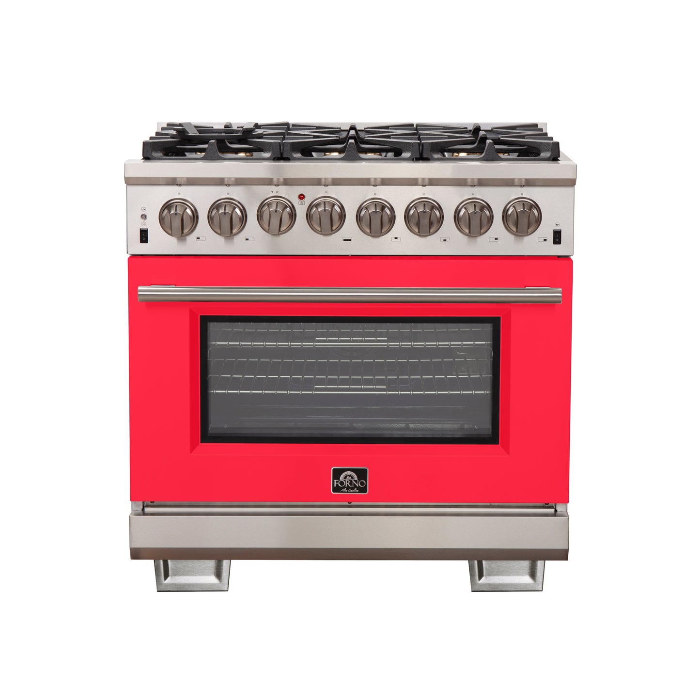 Forno Capriasca 36-Inch Freestanding Dual Fuel Range, 6 Burners, True Convection Oven, Red Door