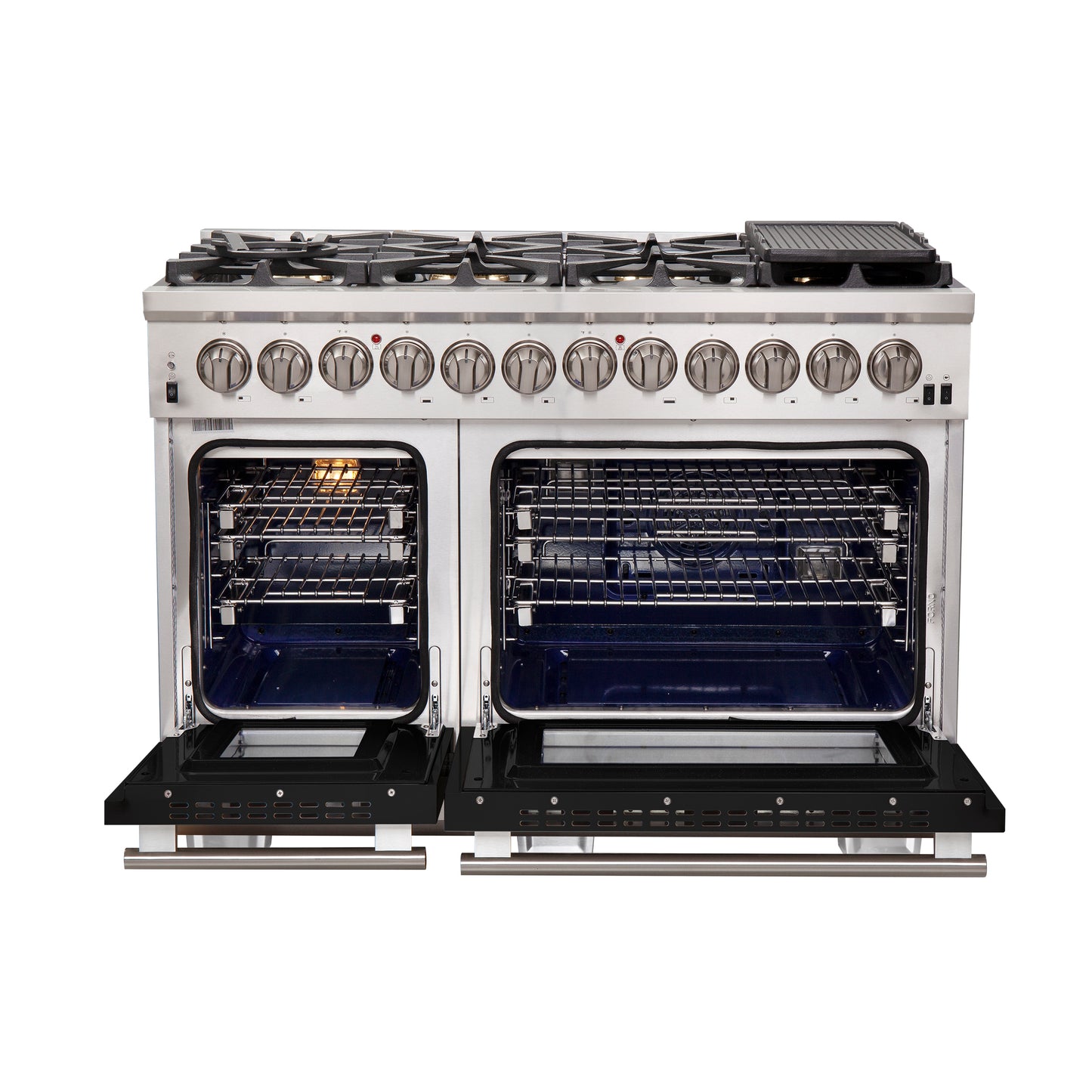 Forno Capriasca 48-Inch Freestanding Dual Fuel Range, 8 Burners, True Convection Oven, Black Doors