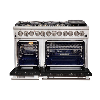 Forno Capriasca 48-Inch Freestanding Dual Fuel Range, 8 Burners, True Convection Oven, Black Doors