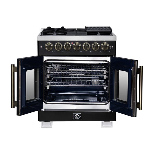Forno Capriasca 30 Inch Freestanding French Door Dual Fuel Range in Black with Antique Brass Accessories, 5 Burners, True Convection Oven