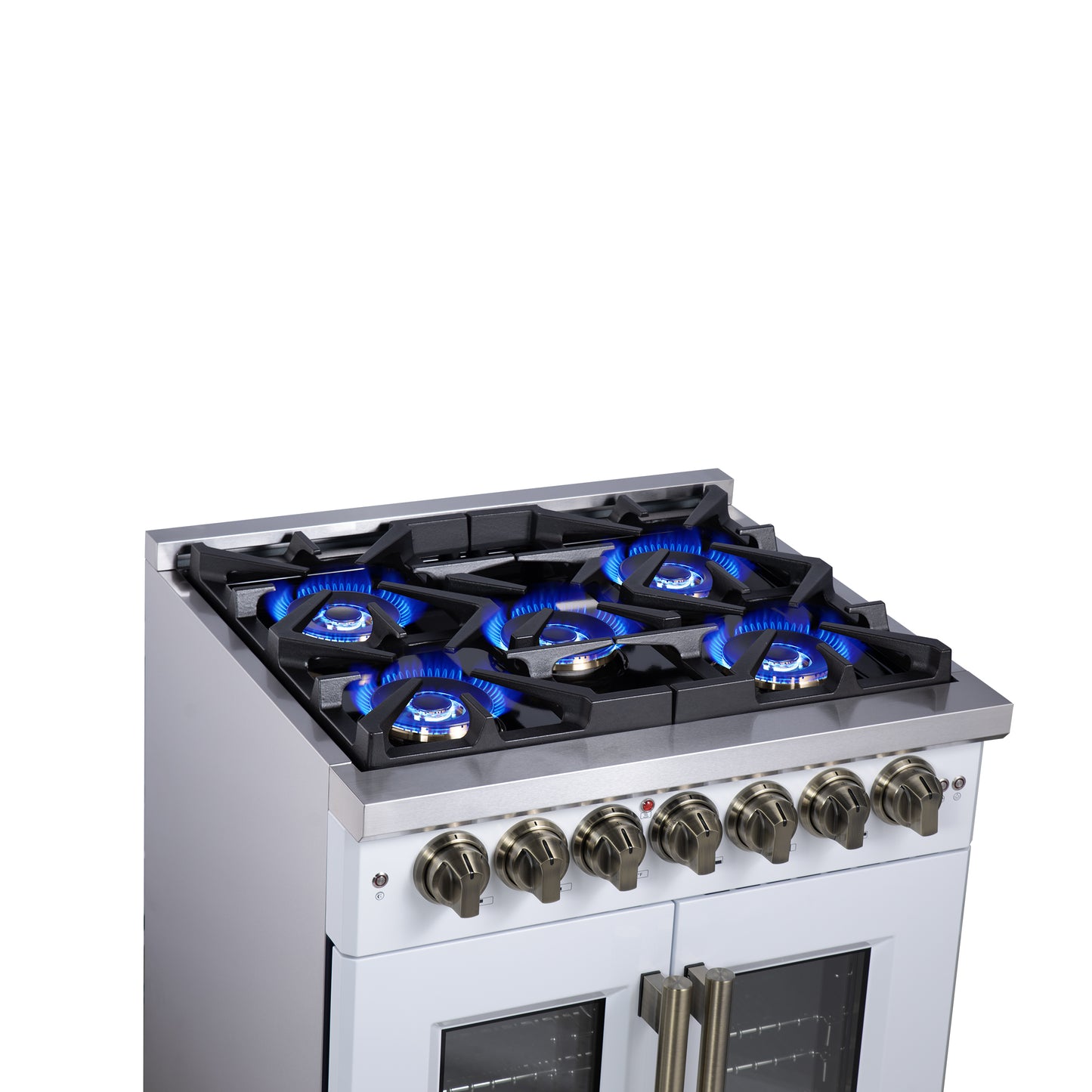 Forno Capriasca 30 Inch Freestanding French Door Dual Fuel Range in White with Antique Brass Accessories, 5 Burners, True Convection Oven