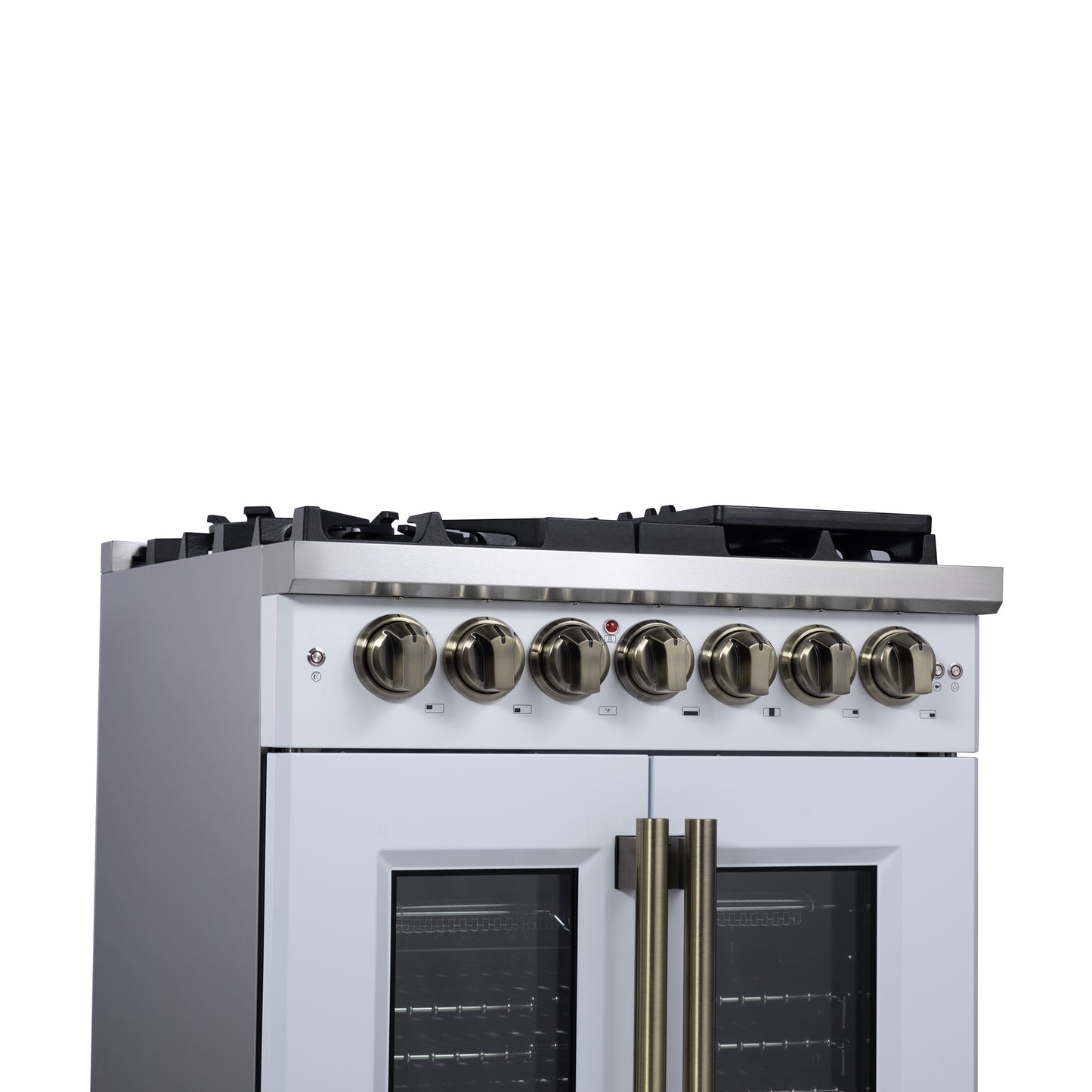 Forno Capriasca 30 Inch Freestanding French Door Dual Fuel Range in White with Antique Brass Accessories, 5 Burners, True Convection Oven