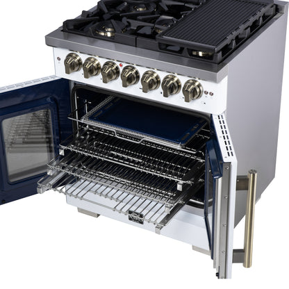 Forno Capriasca 30 Inch Freestanding French Door Dual Fuel Range in White with Antique Brass Accessories, 5 Burners, True Convection Oven