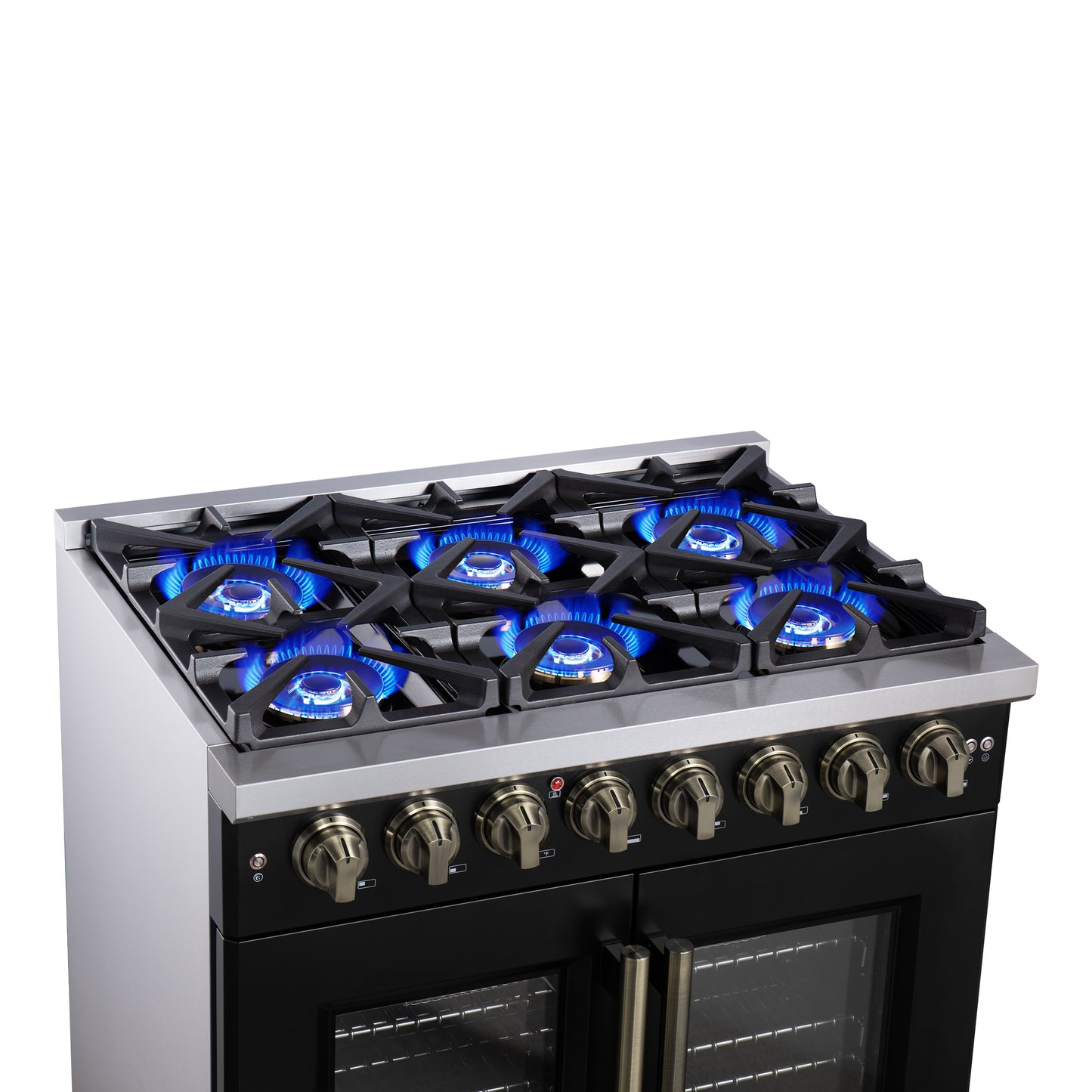 Forno Capriasca 36 Inch Freestanding French Door Dual Fuel Range in Black with Antique Brass Accessories, 6 Burners, True Convection Oven