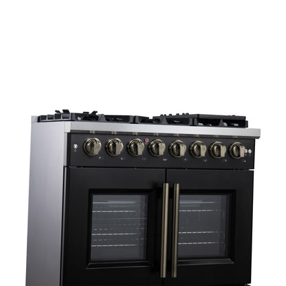Forno Capriasca 36 Inch Freestanding French Door Dual Fuel Range in Black with Antique Brass Accessories, 6 Burners, True Convection Oven