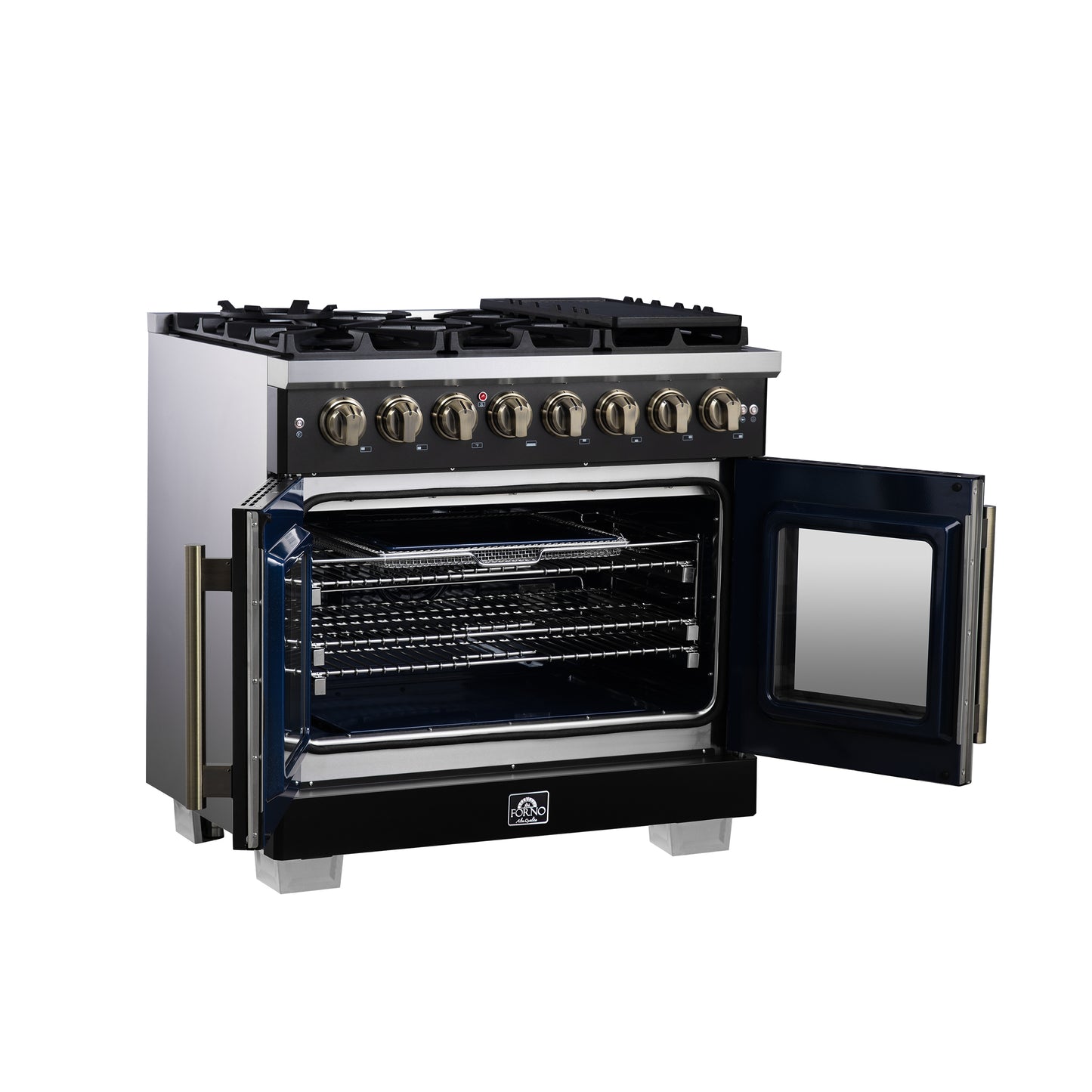 Forno Capriasca 36 Inch Freestanding French Door Dual Fuel Range in Black with Antique Brass Accessories, 6 Burners, True Convection Oven
