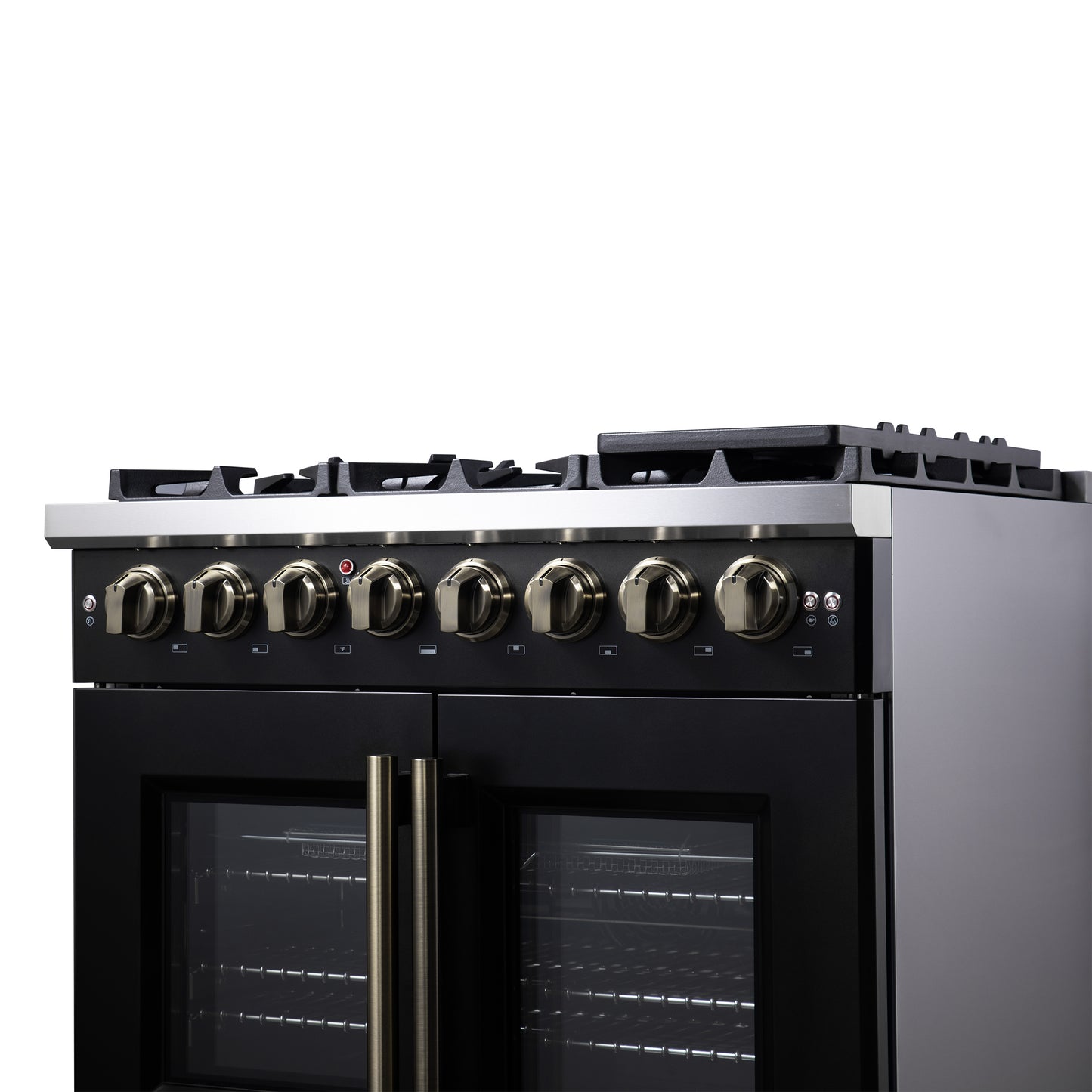 Forno Capriasca 36 Inch Freestanding French Door Dual Fuel Range in Black with Antique Brass Accessories, 6 Burners, True Convection Oven