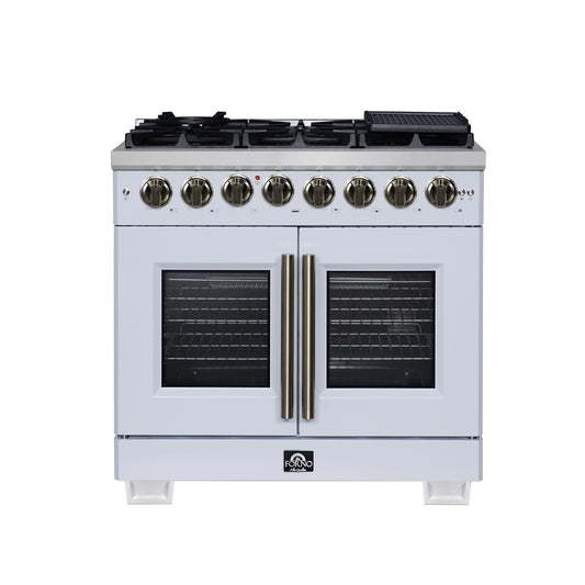Forno Capriasca 36 Inch Freestanding French Door Dual Fuel Range in White with Antique Brass Accessories, 6 Burners, True Convection Oven