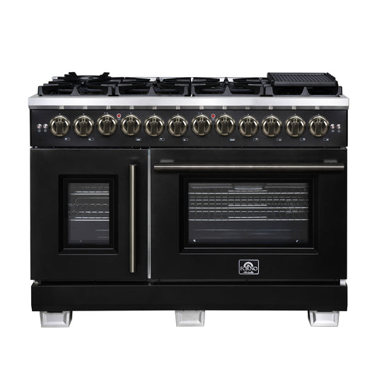 Forno Capriasca 48 Inch Freestanding French Door Dual Fuel Range in Black with Antique Brass Accessories, 8 Burners, True Convection Oven