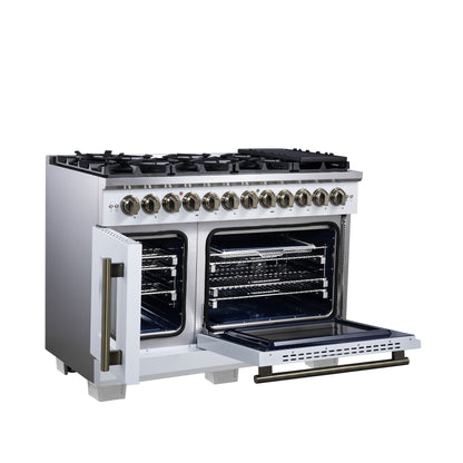 Forno Capriasca 48 Inch Freestanding French Door Dual Fuel Range in White with Antique Brass Accessories, 8 Burners, True Convection Oven