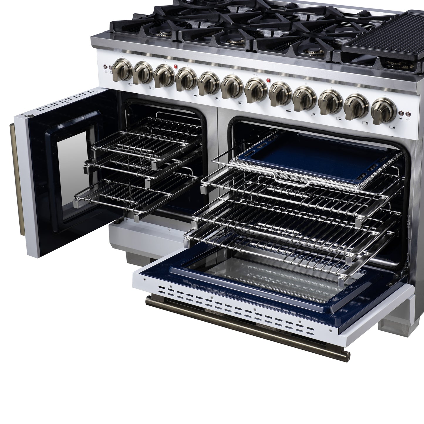 Forno Capriasca 48 Inch Freestanding French Door Dual Fuel Range in White with Antique Brass Accessories, 8 Burners, True Convection Oven