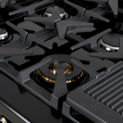 Forno Antico 48-Inch Dual Fuel Range, Black with Antique Brass Finish, 8 Burners, 94,000 BTU, 5.5 cu.ft. Double Ovens & Griddle