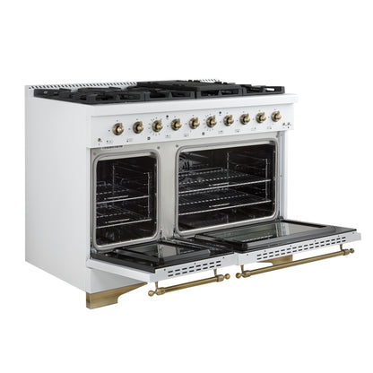 Forno Antico 48-Inch Dual Fuel Range, White with Antique Brass Finish, 8 Burners, 94,000 BTU, 5.5 cu.ft. Double Ovens & Griddle