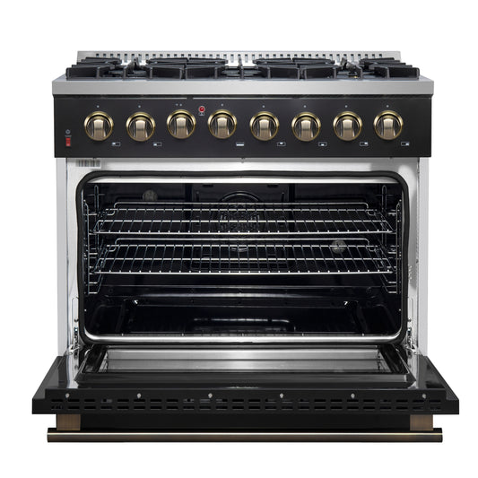Forno Galiano 36-inch Dual Fuel Range in Black & Antique Brass Design, 6 Sealed Burners 83,000 BTU, 5.36 cu.ft. True Convection Oven