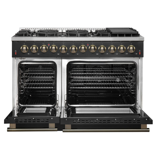 Galiano 48-inch Dual Fuel Range Black & Antique Brass Design with 8 Sealed Burners 107,000 BTU, 6.58 cu. ft. double ovens & Griddle