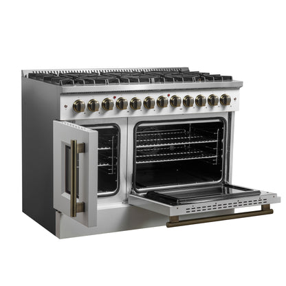 Forno Galiano 48-inch French Door Dual Fuel Range, White & Antique Brass Design, 8 Sealed Burners - 107,000 BTU, Griddle, 6.58 cu.ft. Double Ovens