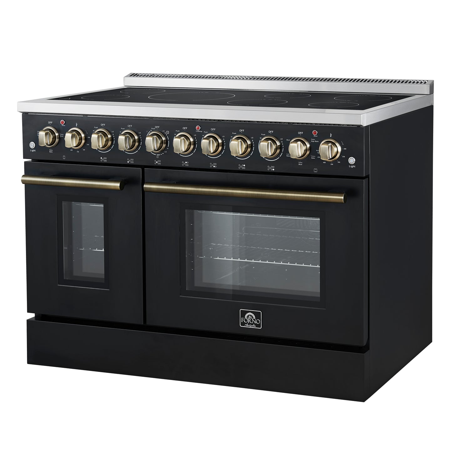 Forno Paolo 48 Inch Freestanding Electric Range in Black with Antique Brass, 6.7 cu.ft, True Convection Oven, Energy Efficient