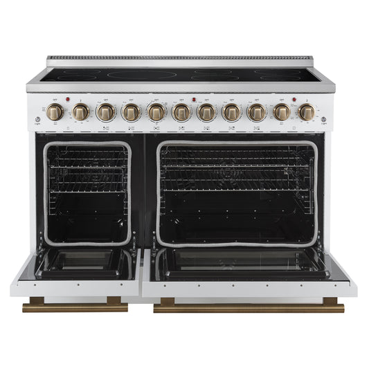 Forno Paolo 48 Inch Freestanding Electric Range in White with Antique Brass, 6.7 cu.ft, True Convection Oven, Energy Efficient