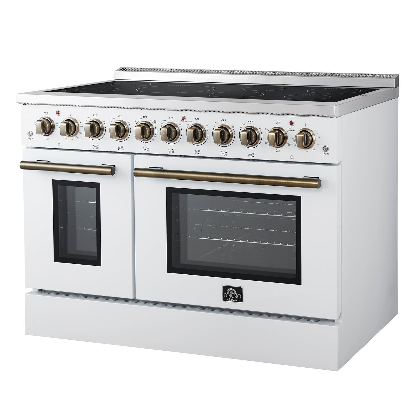 Forno Paolo 48 Inch Freestanding Electric Range in White with Antique Brass, 6.7 cu.ft, True Convection Oven, Energy Efficient