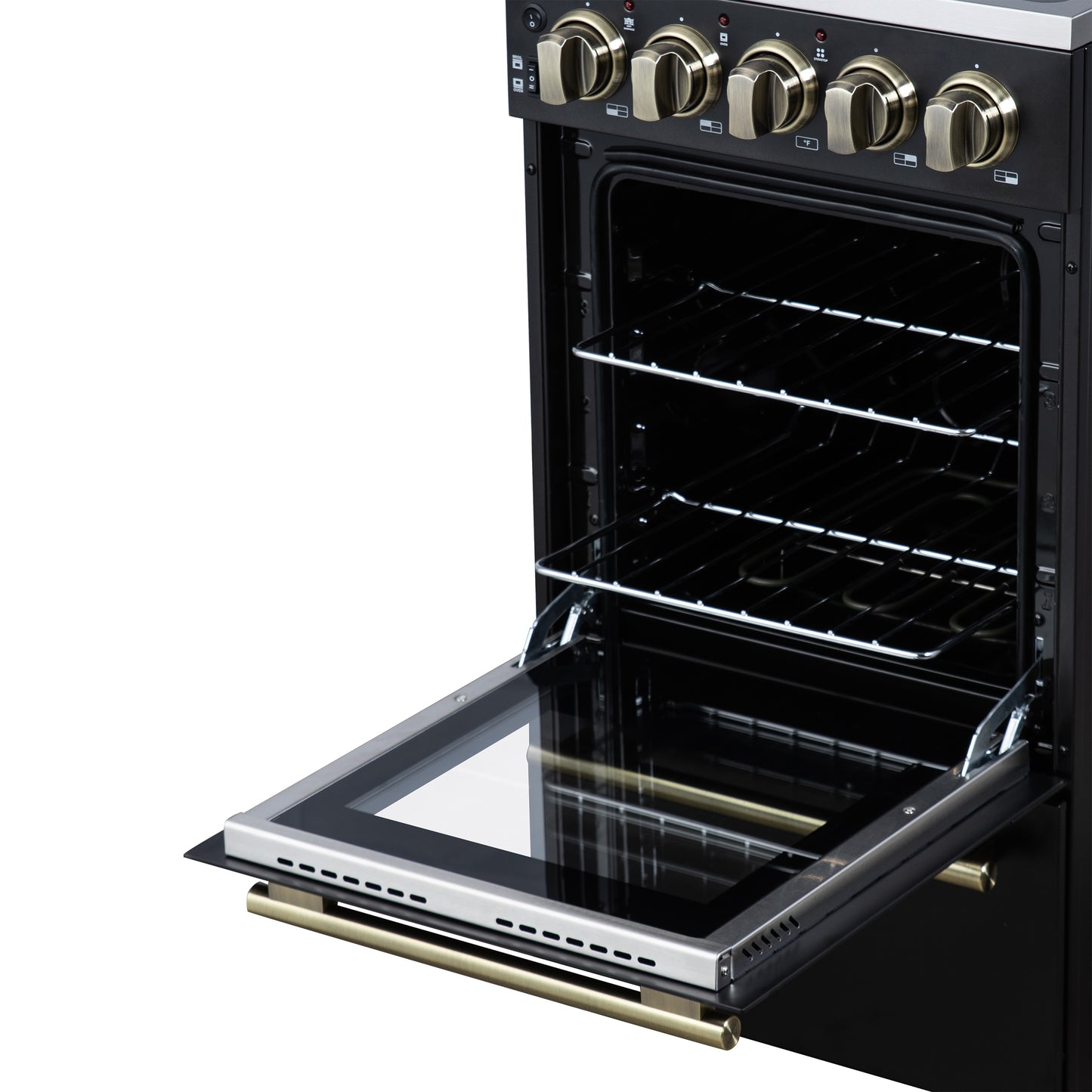 Forno Pallerano 20 Inch Freestanding Electric Range in Black with Antique Brass, Compact Design