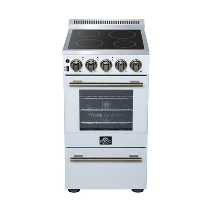 Forno Pallerano 20 Inch Freestanding Electric Range in White with Antique Brass, Compact Design