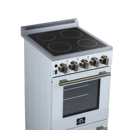Forno Pallerano 20 Inch Freestanding Electric Range in White with Antique Brass, Compact Design
