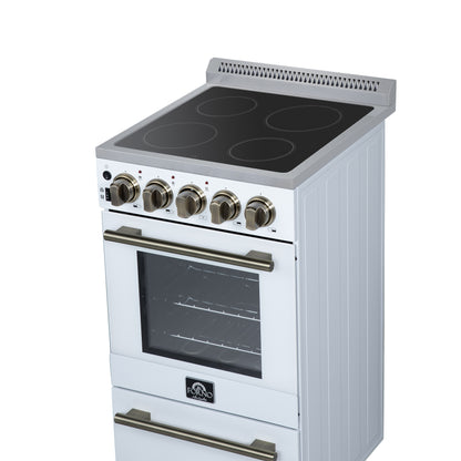 Forno Pallerano 20 Inch Freestanding Electric Range in White with Antique Brass, Compact Design
