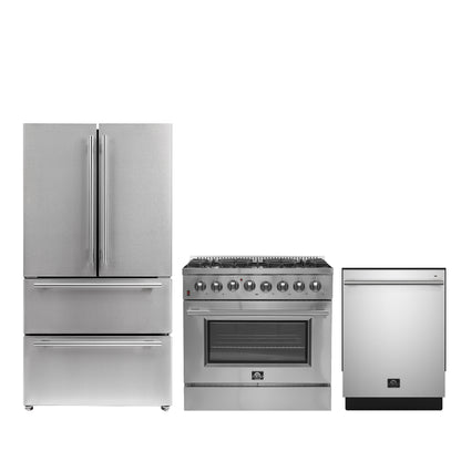 FORNO Premium 3-Piece Kitchen Bundle - 36" Gas Range, 36" French Door Refrigerator, 24" Built-In Dishwasher, Stainless Steel - FBDL-009-02CAUS