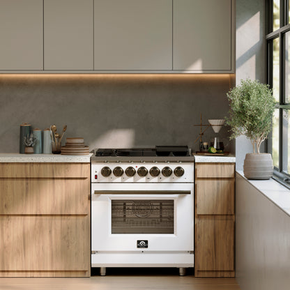 Forno Massimo 30 Inch Freestanding Dual Fuel Range in White with Antique Brass Accessories, 4 Burners, 4.32 cu. ft. Convection Oven