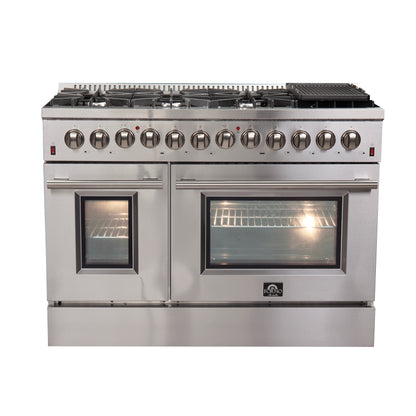 FORNO Premium 2-Piece Kitchen Bundle - Galiano 48" Stainless Steel Dual Fuel Range, Forno Maderno 2-28 " Wide Units with Decorative Trim - FBDL-017-03CAUS