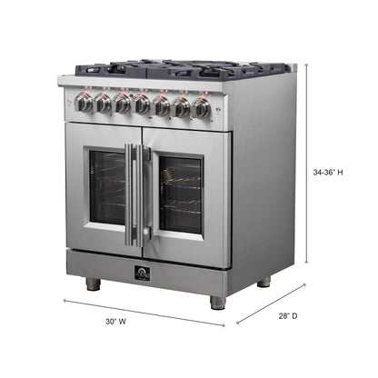 Forno Massimo 30-Inch Freestanding French Door Dual Fuel Range, 4 Burners, True Convection Oven