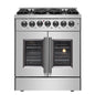 Forno Galiano 30-inch French Door Dual Fuel Range All Stainless Steel, 5 Sealed Burners 68,000 BTU, 4.32 cu.ft. True Convection Oven