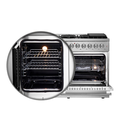 FORNO Galiano 48-Inch French Door Dual Fuel Range All Stainless Steel, 8 Sealed Burners, 107,000 BTU, Griddle, 6.58 cu.ft. Double Ovens