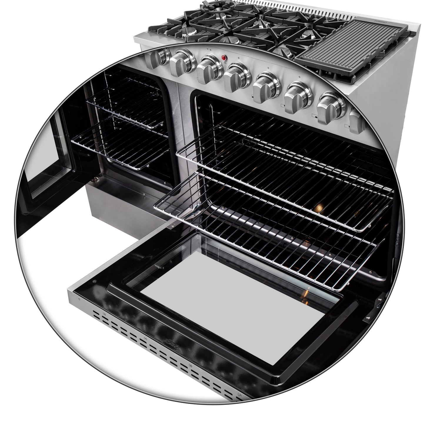 FORNO Galiano 48-Inch French Door Dual Fuel Range All Stainless Steel, 8 Sealed Burners, 107,000 BTU, Griddle, 6.58 cu.ft. Double Ovens