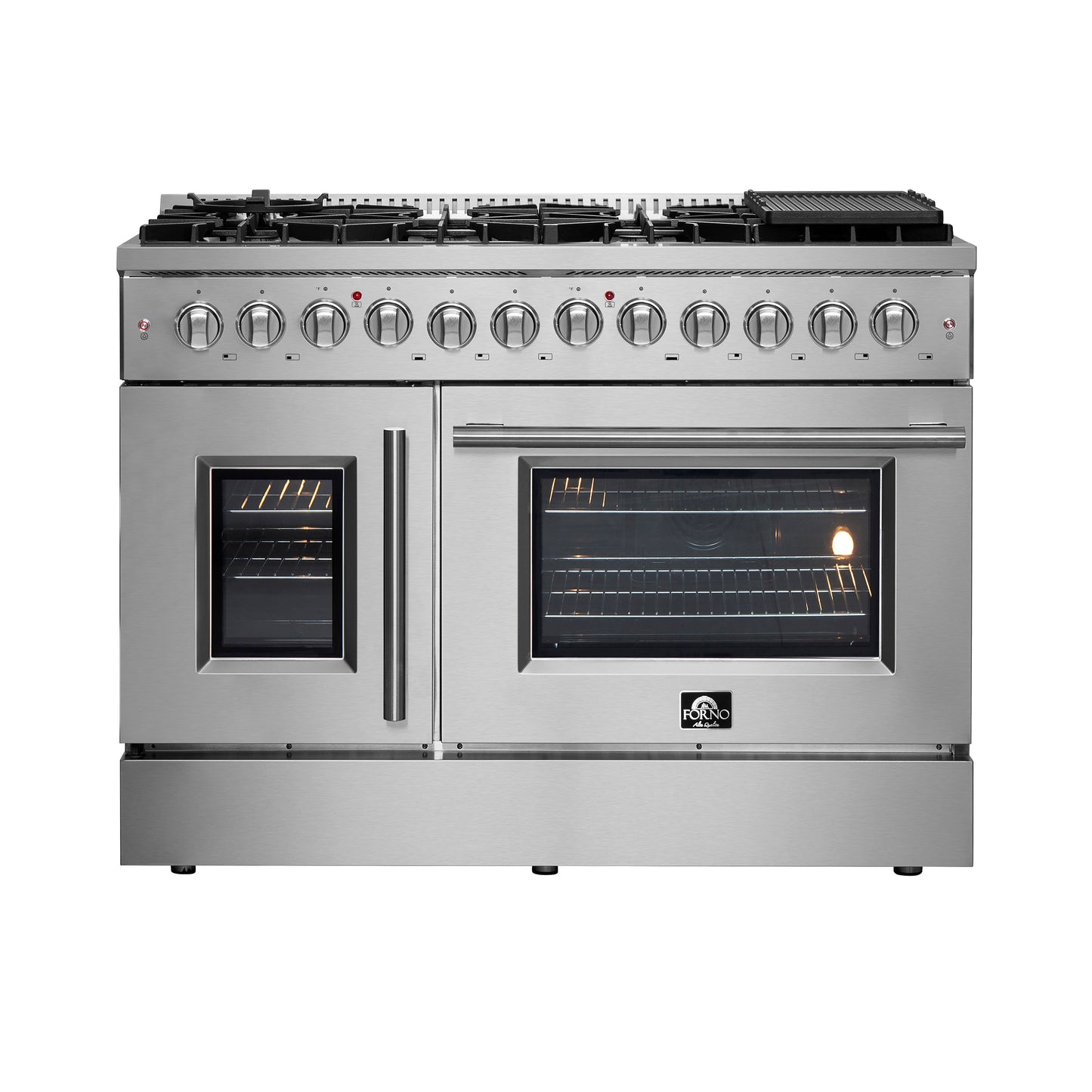 FORNO Galiano 48-Inch French Door Dual Fuel Range All Stainless Steel, 8 Sealed Burners, 107,000 BTU, Griddle, 6.58 cu.ft. Double Ovens