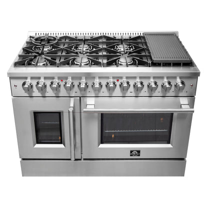 FORNO Galiano 48-Inch French Door Dual Fuel Range All Stainless Steel, 8 Sealed Burners, 107,000 BTU, Griddle, 6.58 cu.ft. Double Ovens