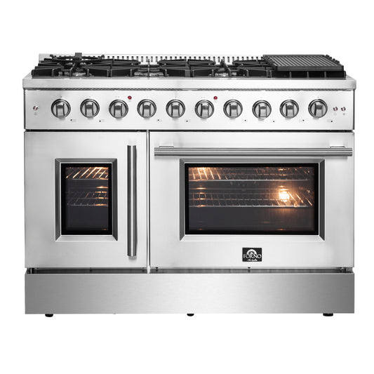 Forno Galiano 48-Inch Freestanding French Door Gas Range, 8 Burners, Griddle, Convection Oven, Energy Efficient