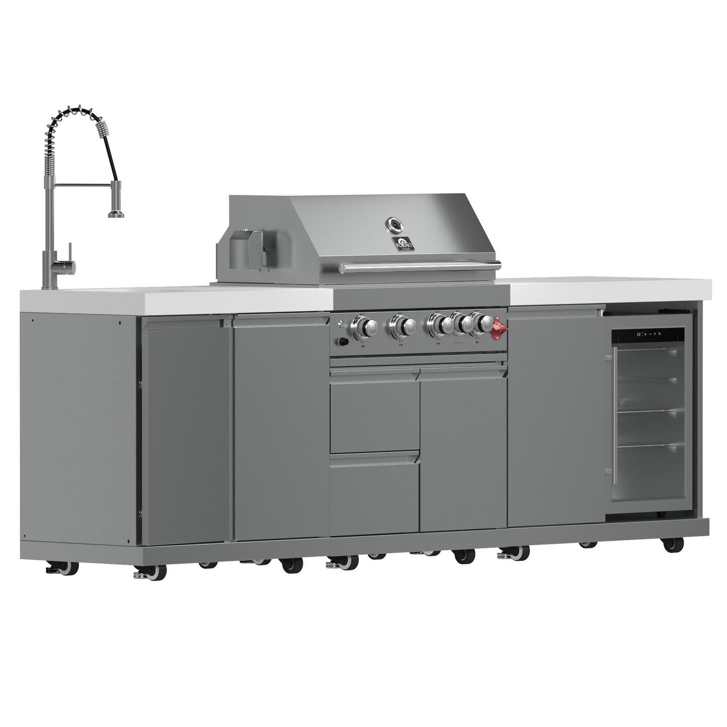 FORNO Bulnes 30-Inch BBQ, 60,000 BTU, 3 Burners with Sear & Rotisserie Infrared Burners, Stainless Steel Outdoor Kitchen with 1.8 cu.ft. Beverage Center & White Sintered Stone Countertops